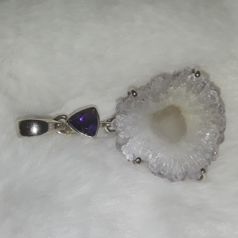 Genuine Amethyst Stalactite Eye pendant .925 Sterling Silver gemstone slice
